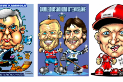 KARIKATYYRI-MUOTOKUVA-KALERVO-KUMMOLA-TEEMU-SELÄNNE-SAKU-KOIVU-KIMI-RÄIKKÖNEN
